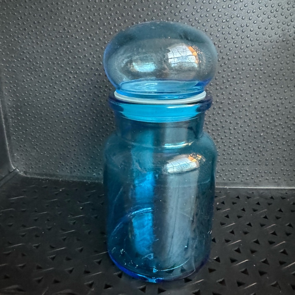 Vintage Belgium Blue Glass Apothecary Jar Bubble Top Lid